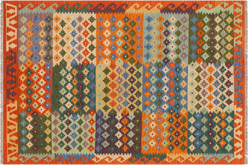 Flat Weave Kilim, Antique, Navaho, Vintage, Handmade, Modern Kilim Beige Rust Hand-Woven Rectangle 100% Wool Area Rug 4 x 6